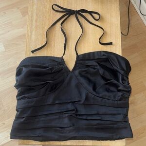 Express Black Smocked Ruched Satin Halter Top M